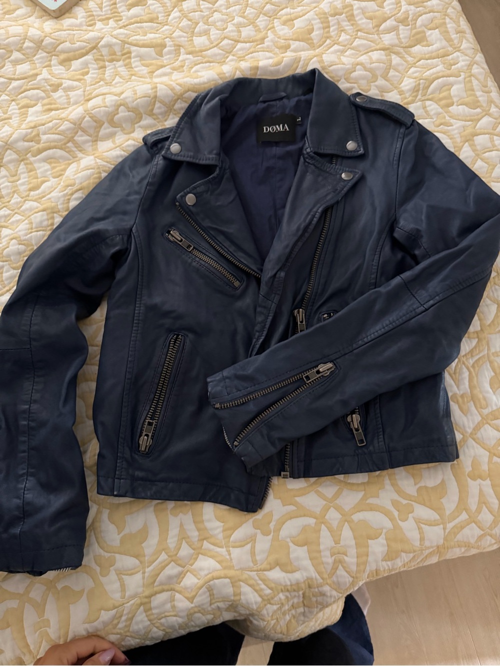 Doma Dark Navy Leather Moto Jacket with Zip Hardware